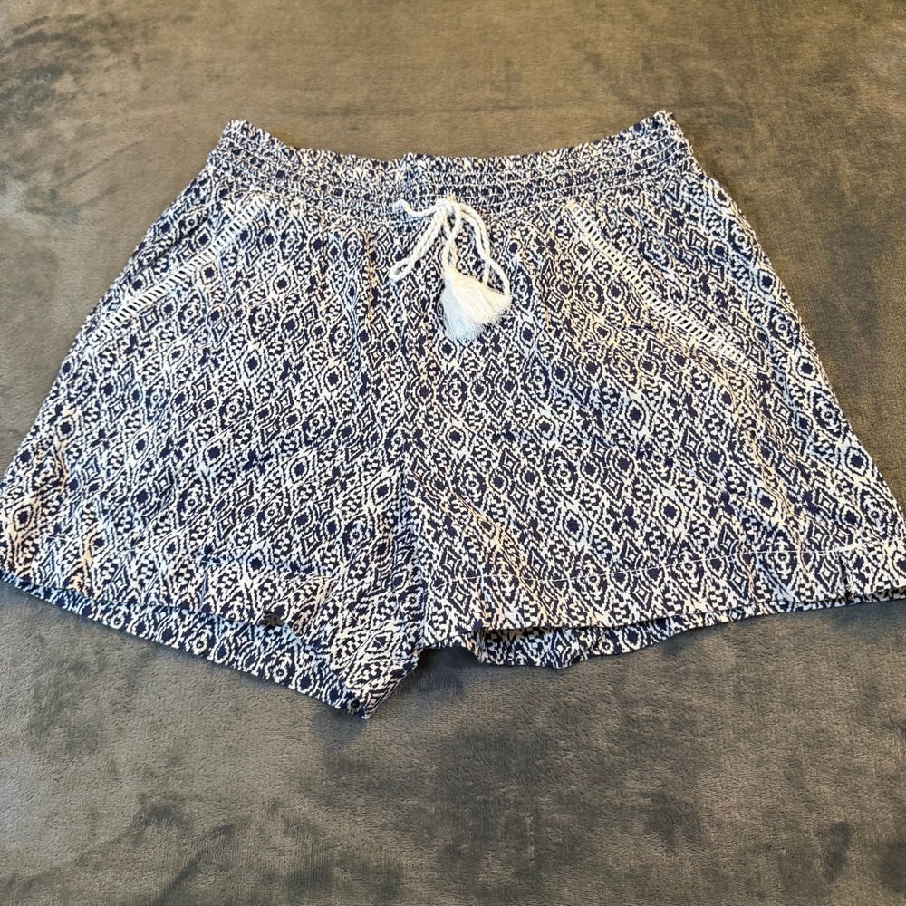 Briggs Blue White Diamond Print‎ Smocked Waist Drawstring Shorts Womens Medium